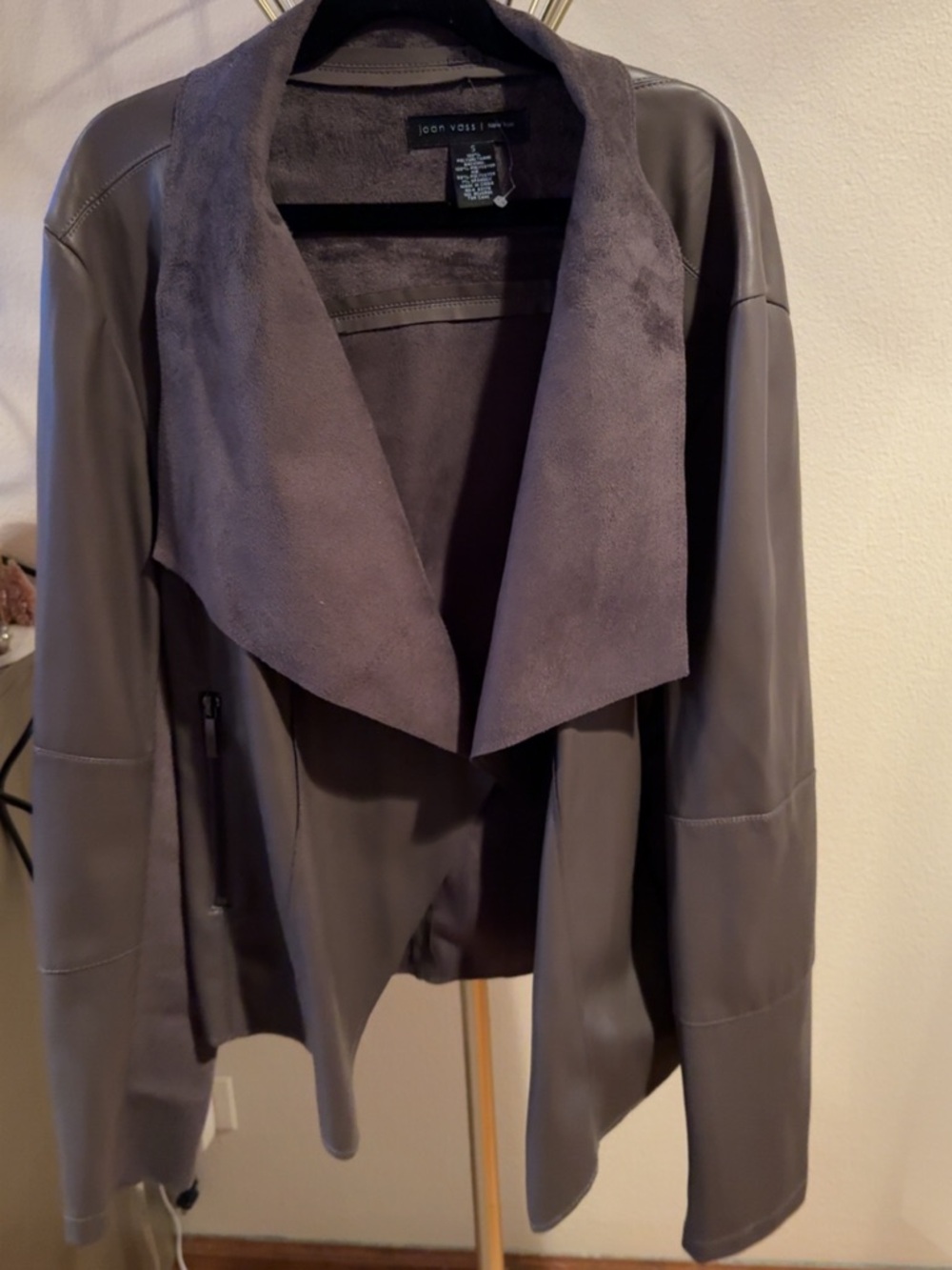 Joan Vass Charcoal Gray Faux Leather Drape Jacket